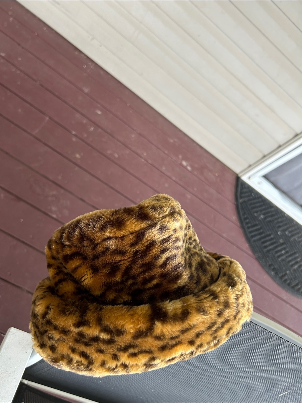 Faux Fur Leopard Print Bucket Hat - Brown